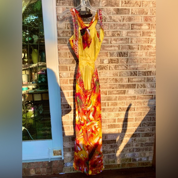 Watercolor Rainbow Rhinestone Halter Prom Dress - Picture 8 of 12